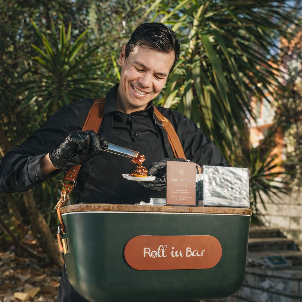 Traiteur événementiel haut de gamme préparant des bouchées en direct lors d’un cocktail dînatoire sur la Côte d’Azur