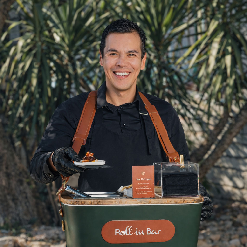 Traiteur événementiel haut de gamme servant des bouchées en direct lors d’un cocktail dînatoire de prestige sur la Côte d’Azur