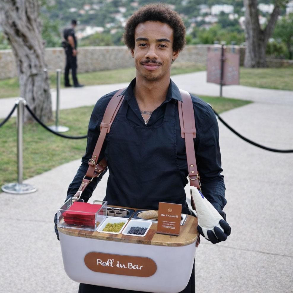 Traiteur événementiel haut de gamme en animation culinaire nomade servant des bouchées sucrées lors d’un cocktail dînatoire de prestige sur la Côte d’Azur